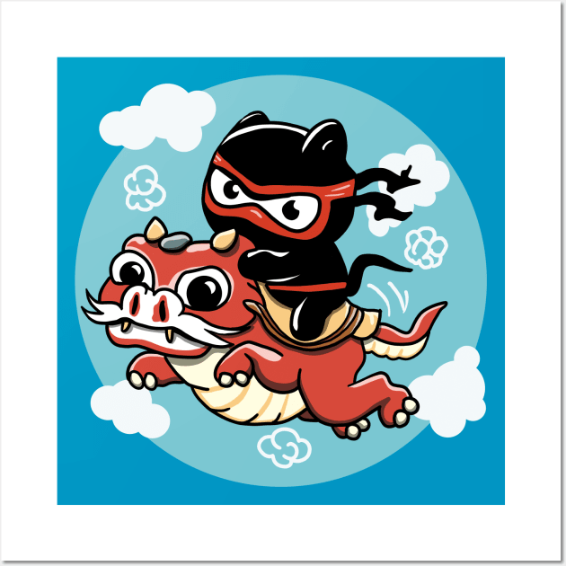 Kawaii Ninja Cat Riding a Red Dragon Wall Art by TMBTM